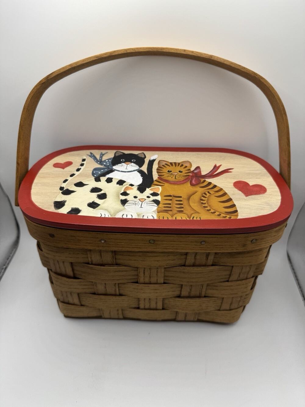Vtg Hand Painted Cats Primitive Basket Purse Artist Signed 6.25”H X 10”L X 5.5”W